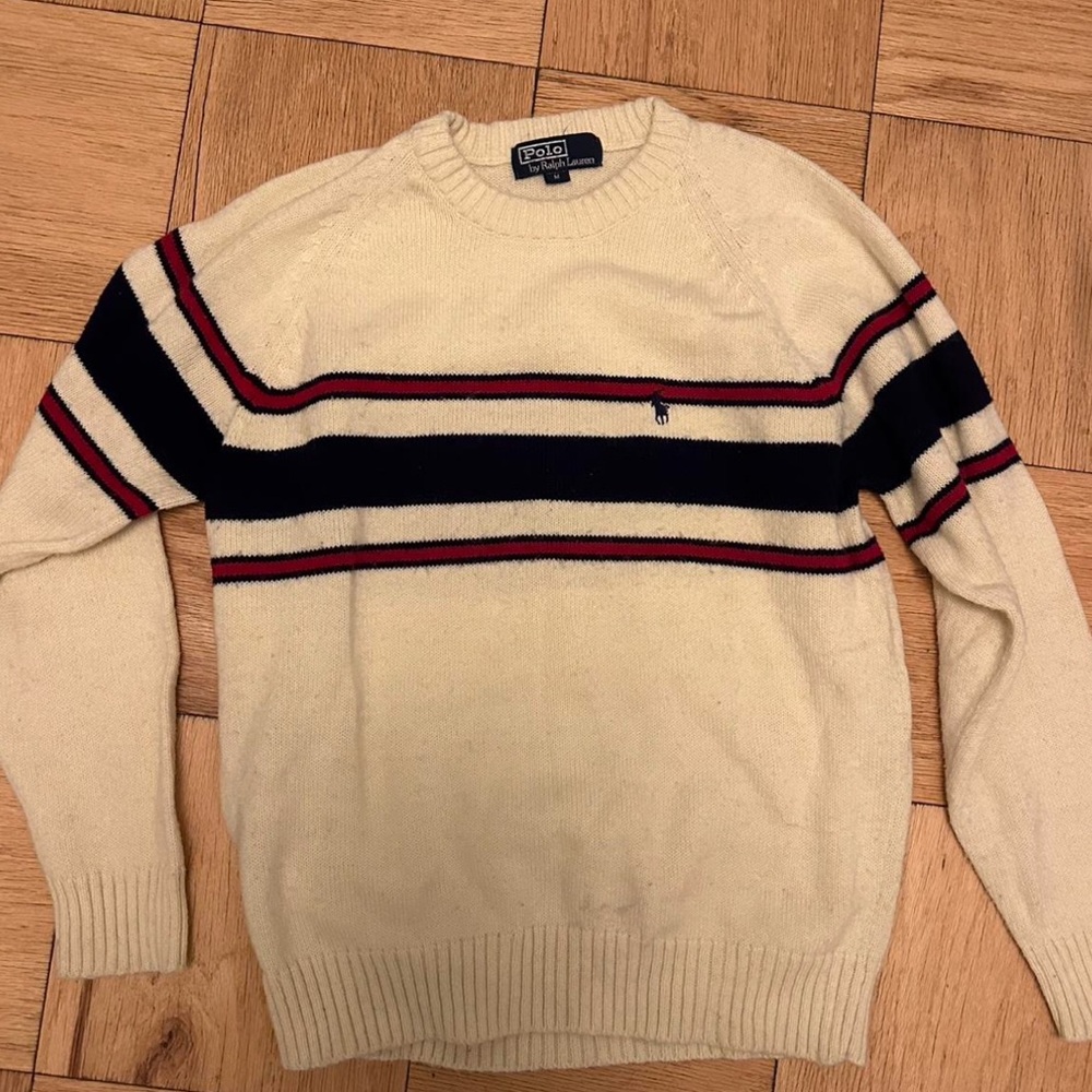 Ralph Lauren Cream Crewneck Sweater with Navy and Red Stripes